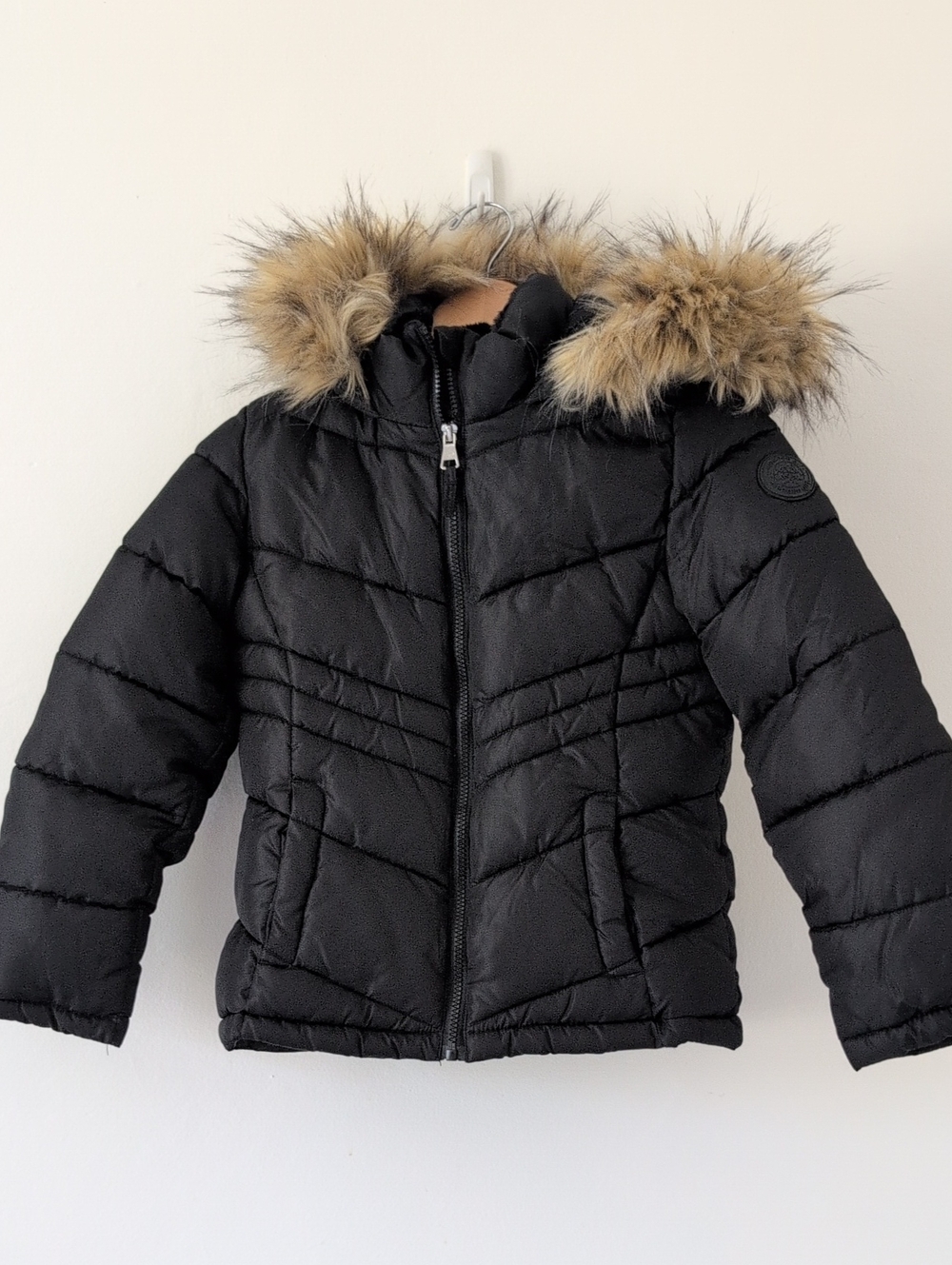 Madden Girl Black Puffer Winter Coat with Faux Fur Trimmed Hood Size 7/8